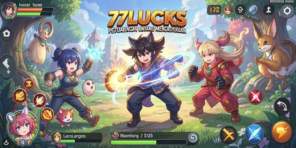 Screenshot gaming seru 77LUCKS dengan karakter Anime dinamis.