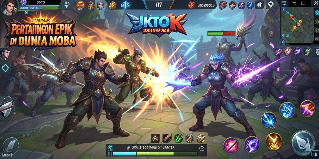 Screenshot gameplay JKTOK menampilkan aksi pertempuran seru di arena MOBA.