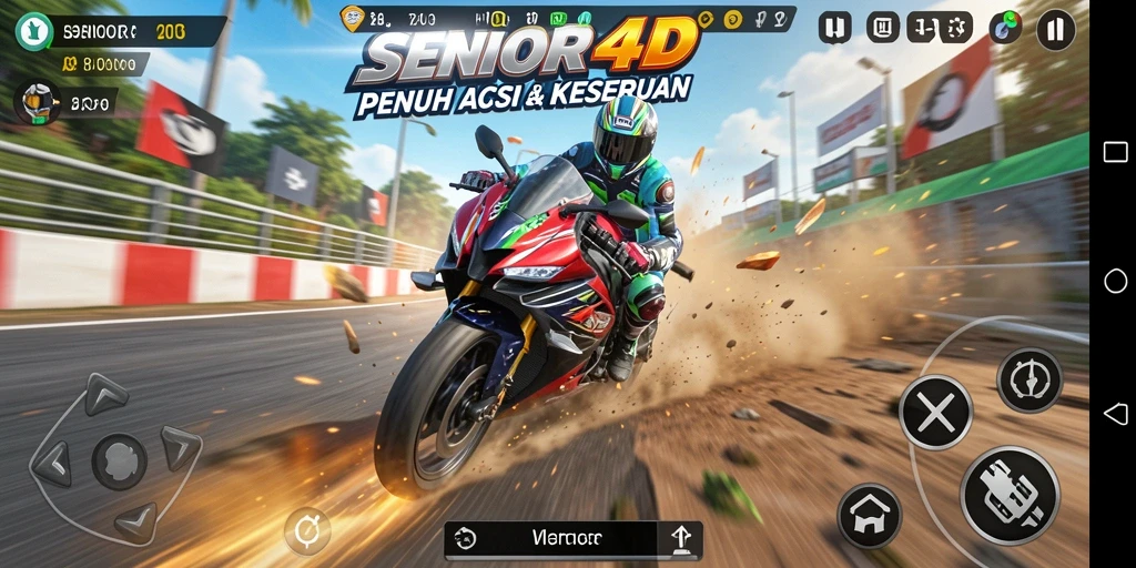 Screenshot gameplay <strong>SENIOR4D</strong> menampilkan balapan motor yang seru dan mendebarkan.